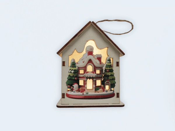 Casita de madera solidaria de navidad con luz con casa y árboles